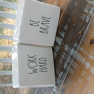 Rae Dunn Home Decor Blocks Work Hard Be Brave 4x4" White & Black